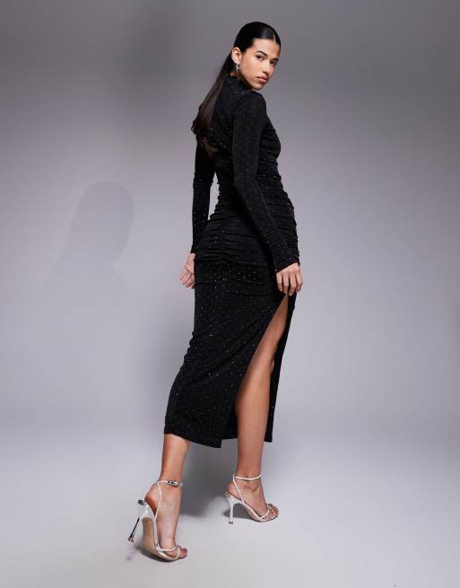 Ruched & Ready Removable Shoulder Pad Detail Sculpting High Neck Drape Front Hotfix Maxi Dress in Black