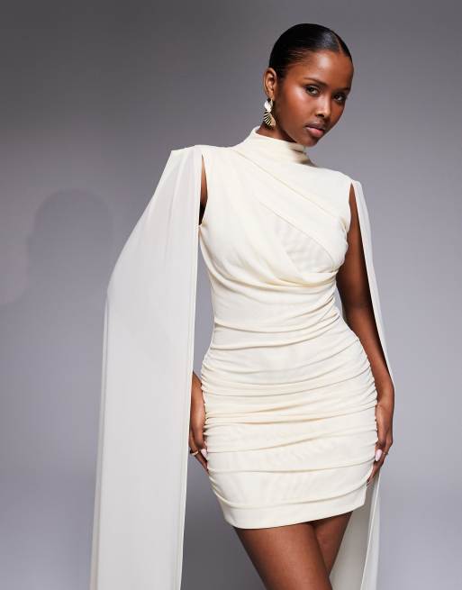 Ruched & Ready - Robe courte sculptante en tulle à épaules dénudées, manches larges et jupe torsadée - Citron, 2 de 4