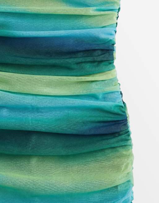 Ruched & Ready - Robe longue en tulle effet dégradé avec liens croisés devant et taille drapée - Bleu et vert, 8 de 8