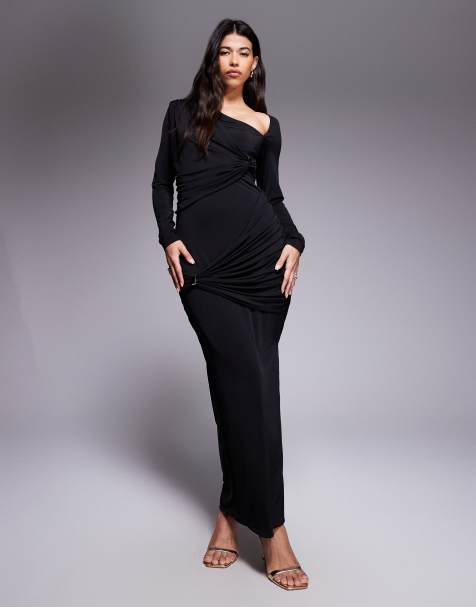 Ruched & Ready - Robe longue moulante et sculptante à découpe asymétrique avec détails métalliques dorés - Noir - view 1