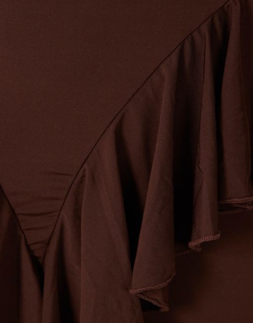 Ruched & Ready - Robe longue sculptante à manches longues et détail drapé à volants - Chocolat foncé, 4 de 4