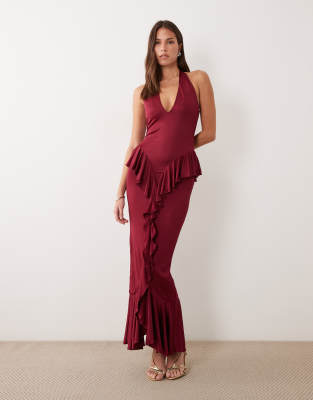 Robe longue sculptante dos nu drapée à volants - Prune-Violet XXL