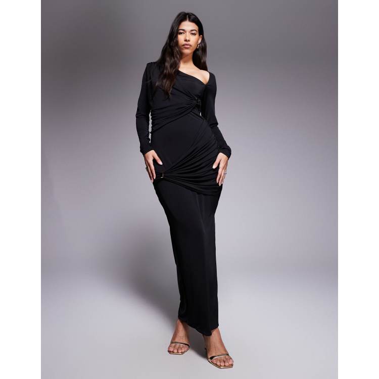black ruched asymmetric maxi dress with drape & Ready sculpted cut out gold hardware detail bodycon in Fit:Regular this Coffee Quartz shade Hippie Megan One Shoulder White