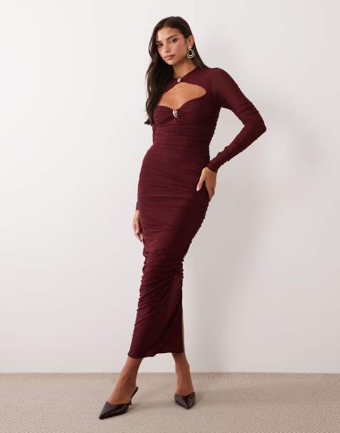 Ruched & Ready sculpted cut out gold hardware detail bodycon maxi dress in plum - view 1