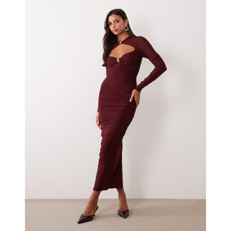 plum and gold bridesmaid dresses Ruched & Ready sculpted cut out hardware detail bodycon maxi dress in purple and gold wedding dress