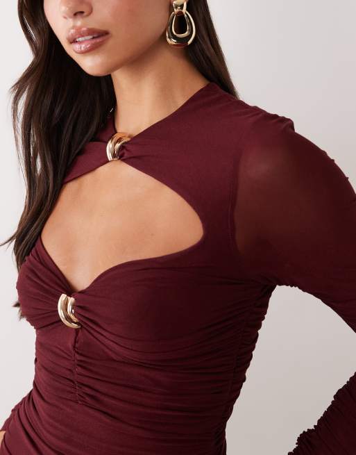 Ruched & Ready sculpted cut out gold hardware detail bodycon maxi dress in plum, 2 of 4