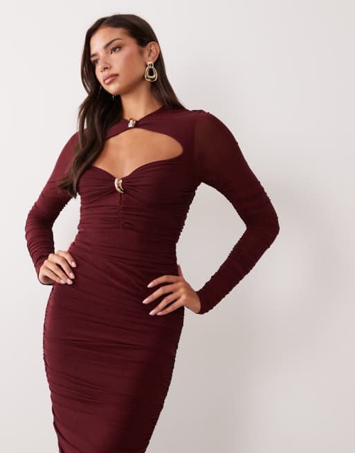 Ruched & Ready sculpted cut out gold hardware detail bodycon maxi dress in plum, 4 of 4
