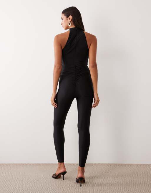 Ruched & Ready sculpted halter neck jumpsuit in black, 3 of 4