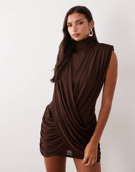 Ruched & Ready sculpted high neck drape front mini dress in chocolate, 2 of 4
