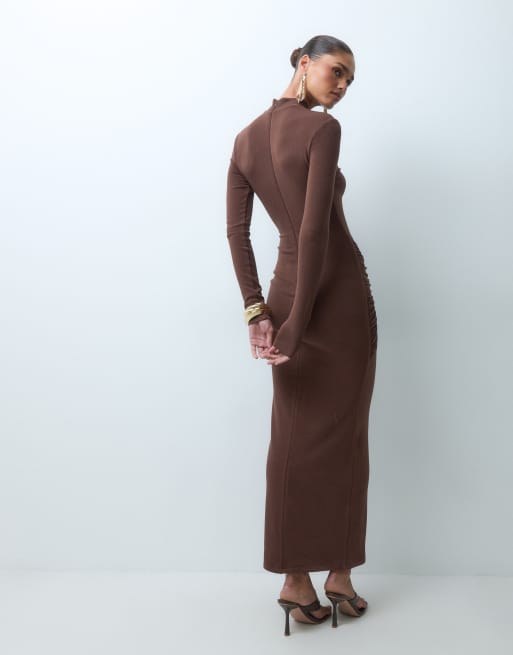 Ruched & Ready sculpted high neck drape hardware detail maxi dress in chocolate, 4 of 4