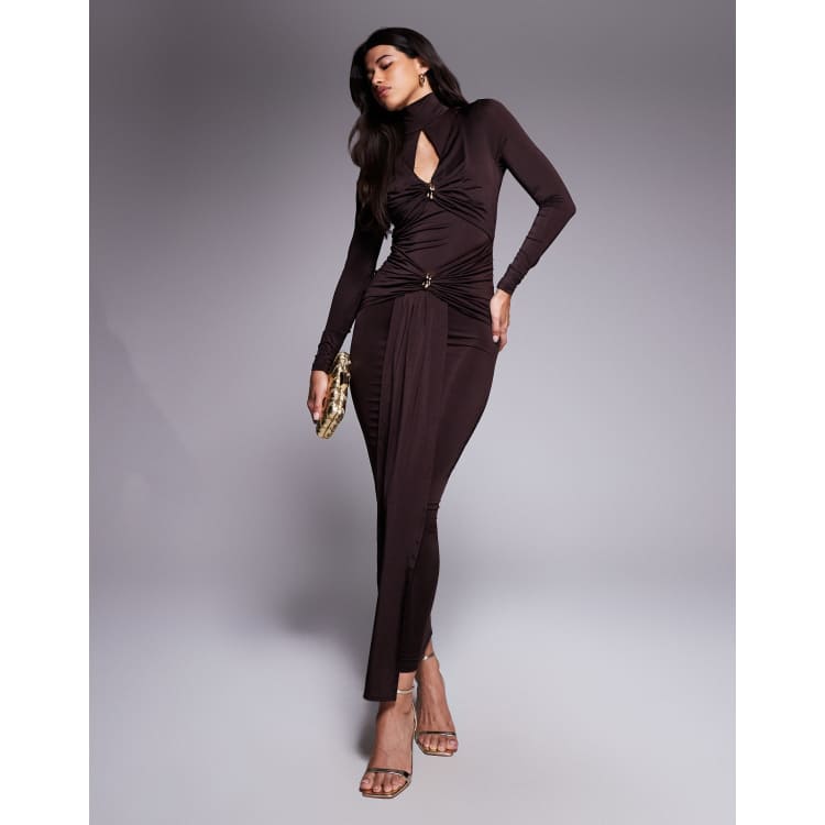 ruched keyhole midi dress in rose gold & Ready sculpted high neck detail hardware drape maxi chocolate black midi cocktail dress