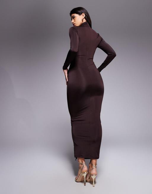 Ruched & Ready sculpted high neck keyhole detail gold hardware drape maxi dress in chocolate