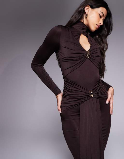 Ruched & Ready sculpted high neck keyhole detail gold hardware drape maxi dress in chocolate