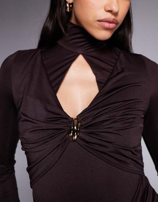 Ruched & Ready sculpted high neck keyhole detail gold hardware drape maxi dress in chocolate