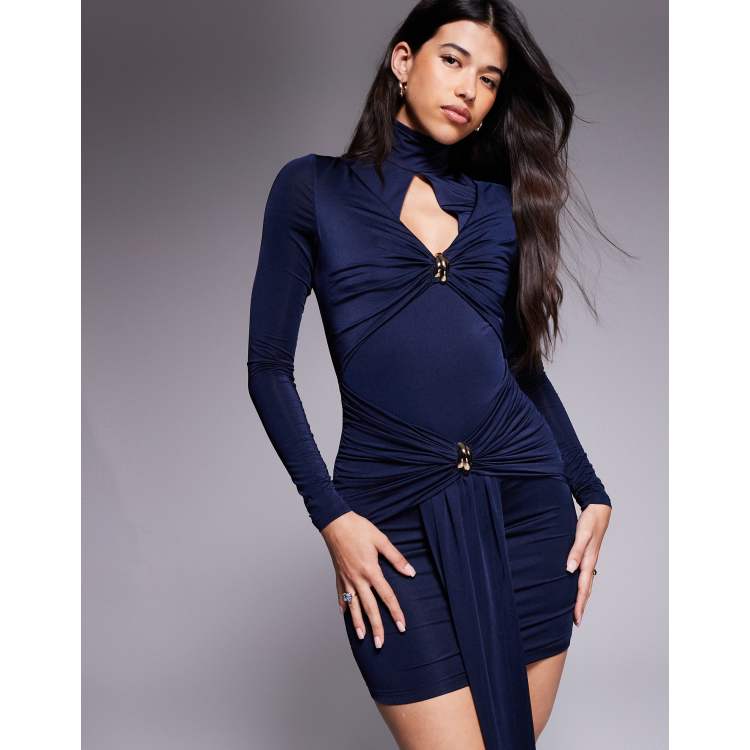ruched keyhole midi dress in rose gold Rose Keyhole Midi Dress