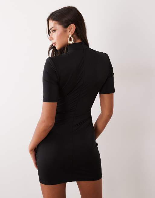 Ruched & Ready sculpted high neck sculpted cut out gold hardware detail mini dress in black, 4 of 4