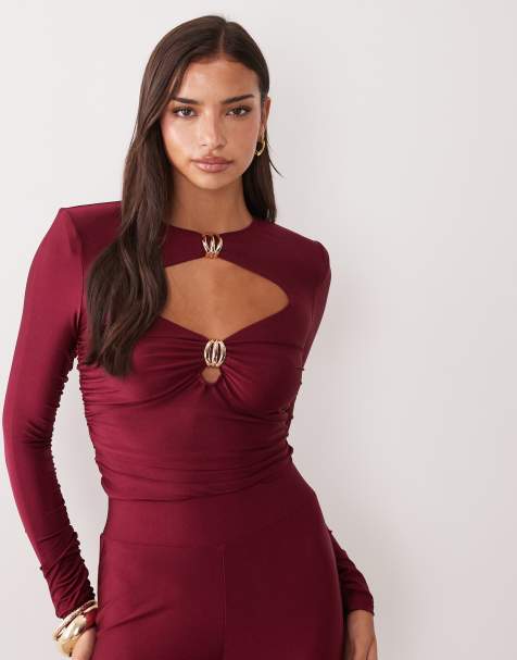 Ruched & Ready sculpted high shine gold hardware detail bodysuit co-ord in burgundy - view 1