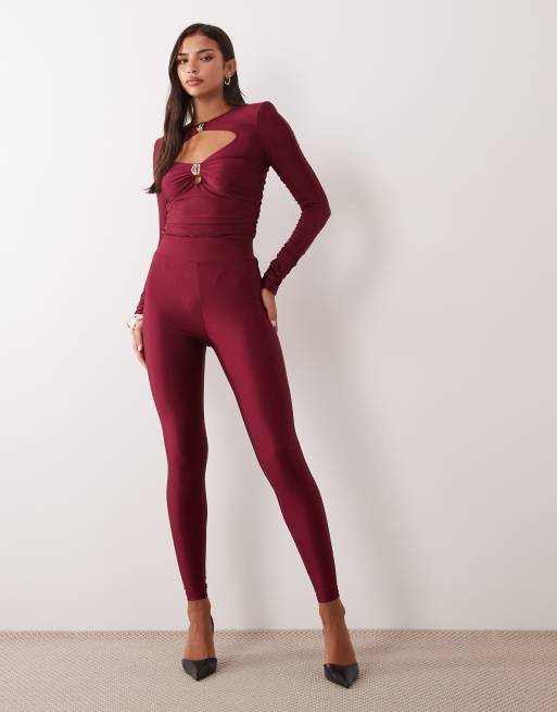 Ruched & Ready sculpted high shine gold hardware detail bodysuit co-ord in burgundy, 2 of 4