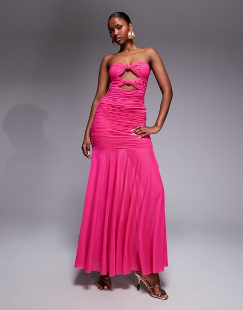 Ruched & Ready sculpted mesh bandeau cut out knot detail sheer hem maxi dress in dragonfruit - view 1