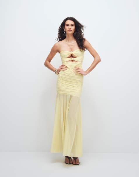 Ruched & Ready sculpted mesh bandeau cut out knot detail sheer hem maxi dress in lemon - view 1