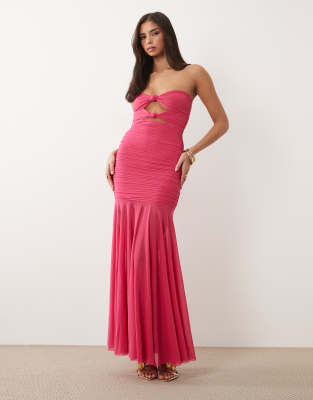 Ruched & Ready Sculpted Mesh Strapless Cut Out Knot Detail Sheer Hem Maxi Dress In Pink