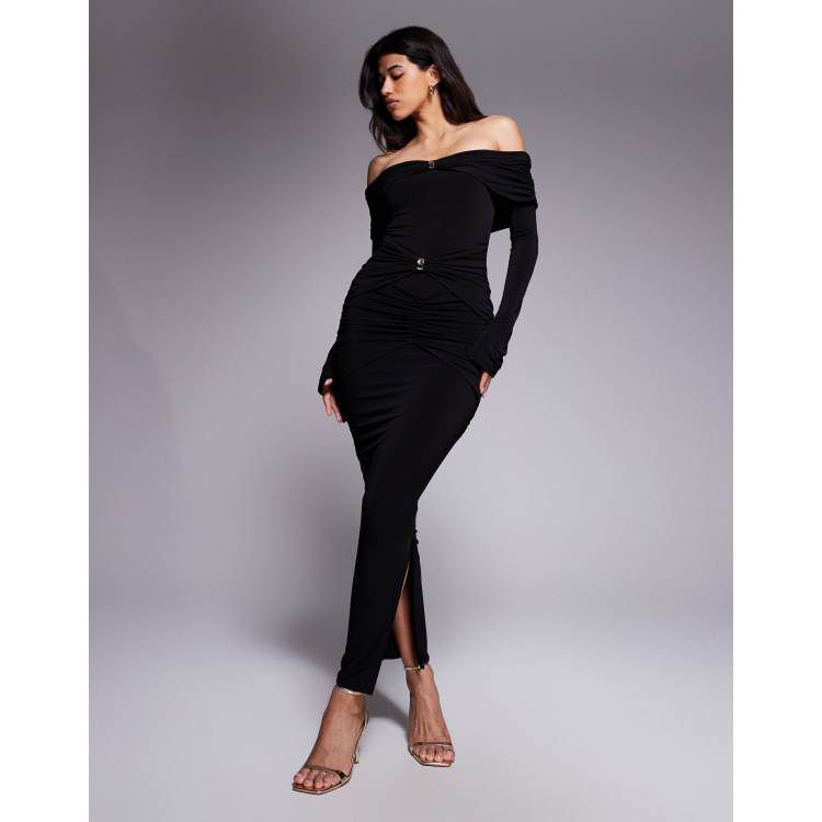 black off the shoulder ruched bodycon dress Off The Shoulder Long Sleeve Ruched Detail Bodycon Mini Dress In Black |  EGO US