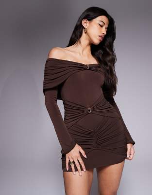 Ruched & Ready Sculpted Off-shoulder Gold Hardware Ruched Bodycon Mini Dress In Brown