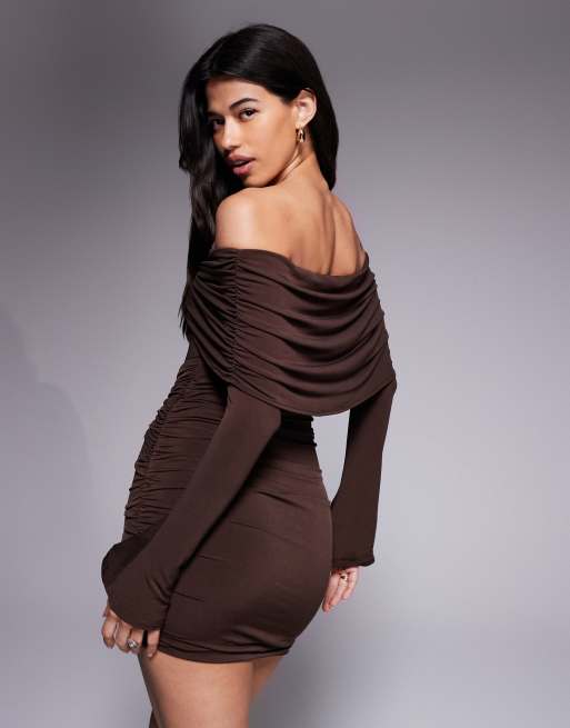Ruched & Ready sculpted off-shoulder gold hardware ruched bodycon mini dress in chocolate