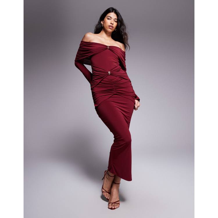 Ruched & Ready sculpted off shoulder gold hardware ruched detail bodycon  maxi dress in burgundy | ASOS