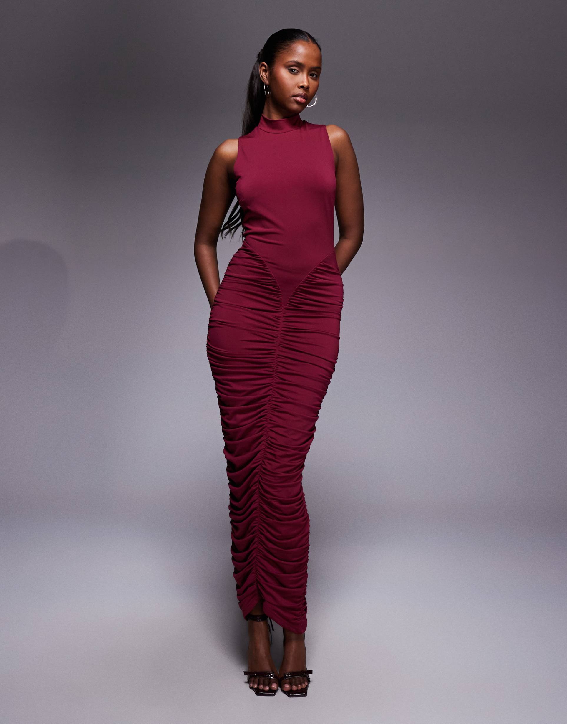 ruched & ready sculpted semi sheer mesh high neck sleeveless bodycon maxi dress in burgundy