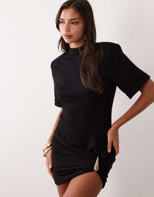 Ruched & Ready sculpted shoulder pad detail gold hardware mini t-shirt dress in black, 2 of 4