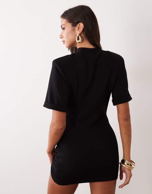 Ruched & Ready sculpted shoulder pad detail gold hardware mini t-shirt dress in black, 4 of 4