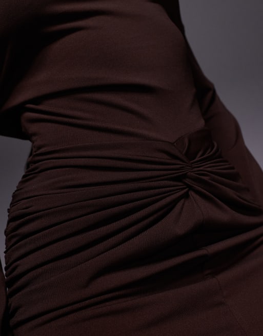 Ruched & Ready sculpting asymmetric shoulders flare sleeves twist front detail mini dress in chocolate, 3 of 4