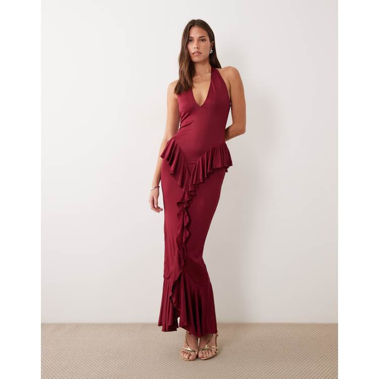 area ruched ruffle dress & Ready sculpting halterneck open back drape detail maxi in plum allowing for an adjustable and flattering fit that hugs your curves perfectly Breanne One Shoulder Ruffle Bodycon