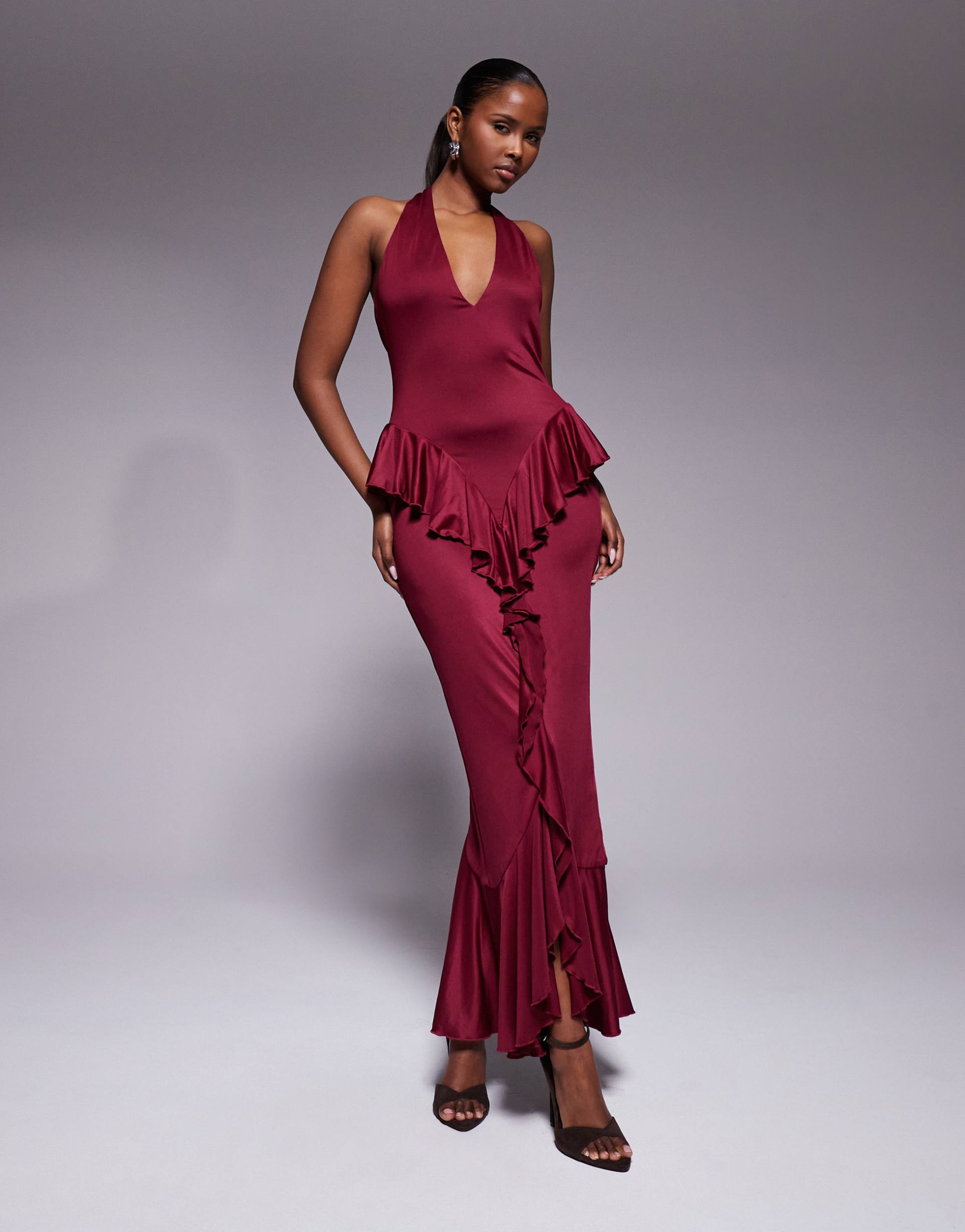 ruched & ready sculpting halterneck open back ruffle drape detail maxi dress in plum