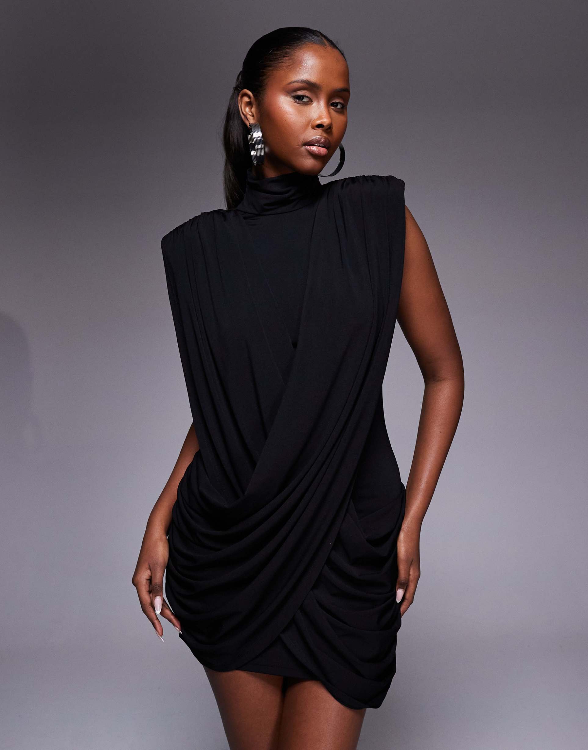 ruched & ready sculpting high neck padded shoulder detail extreme draped front mini dress in black