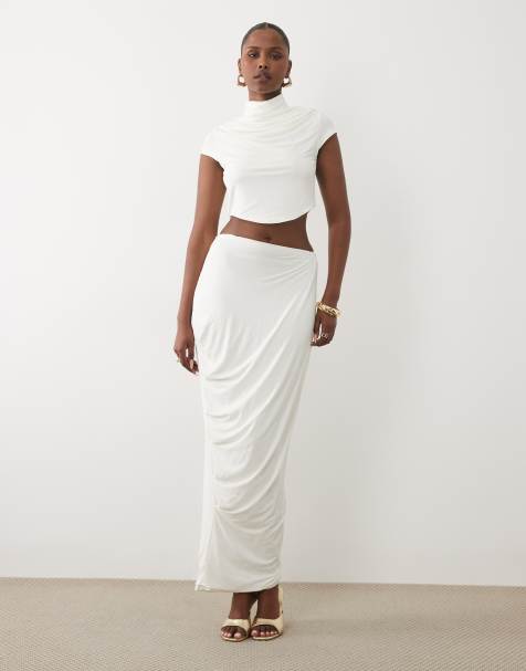 Ruched & Ready sculpting jersey high neck cap sleeve top and maxi skirt set in white - view 1