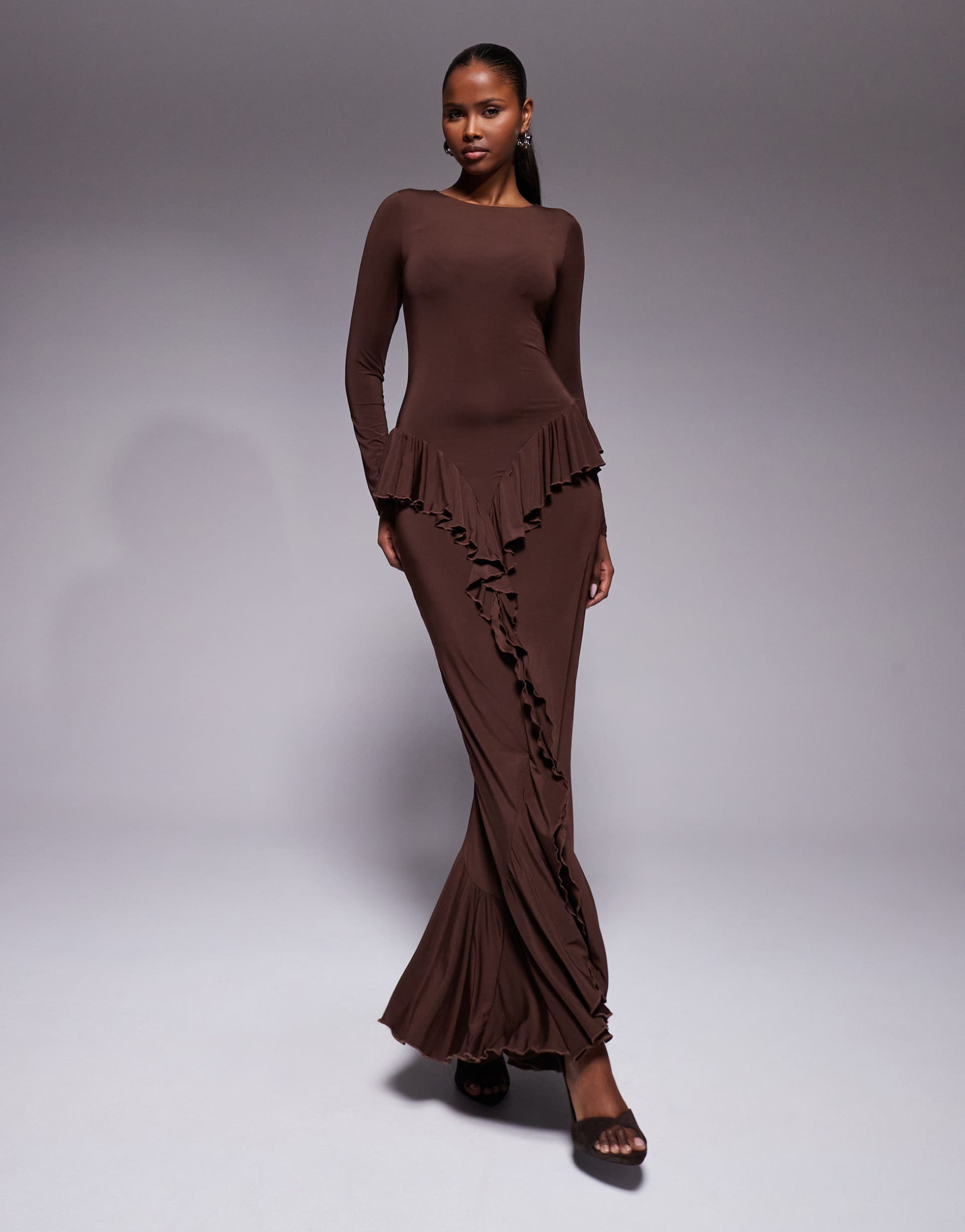 ruched & ready sculpting long sleeve ruffle drape detail maxi dress in dark chocolate