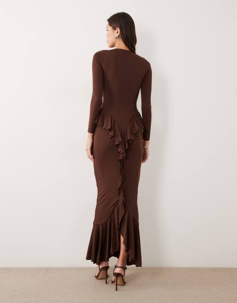 princess polly baby blue dress LONG SLEEVES ONE COLOR WOMEN DRESS DARK BROWN/KAE DRESS KLAUDIO FASHION  EL-3034 main image 1