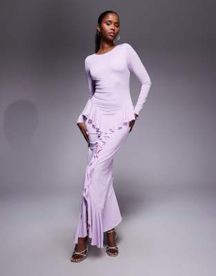 Ruched & Ready Sculpting Long Sleeve Ruffle Drape Detail Maxi Dress In Purple
