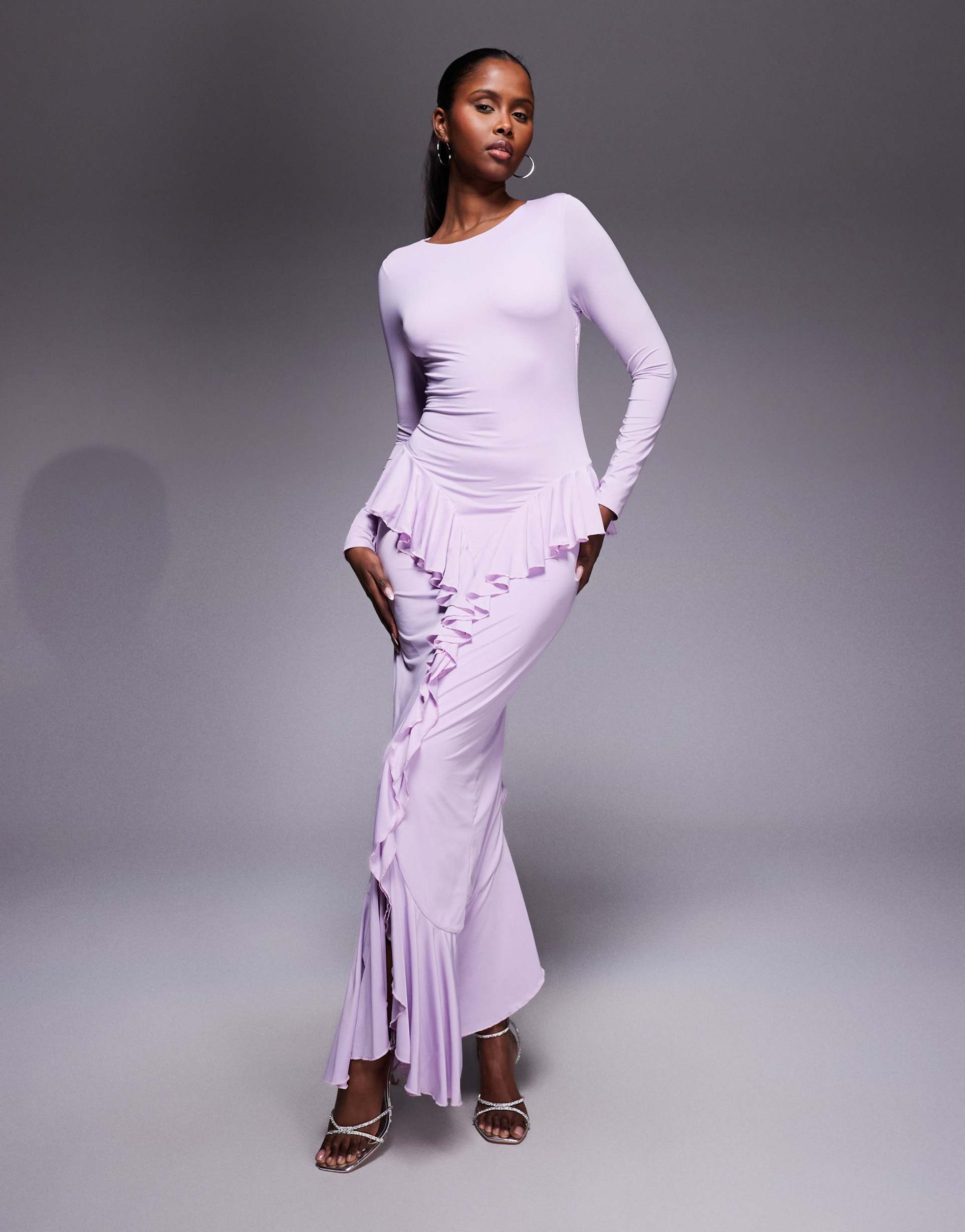 ruched & ready sculpting long sleeve ruffle drape detail maxi dress in lilac