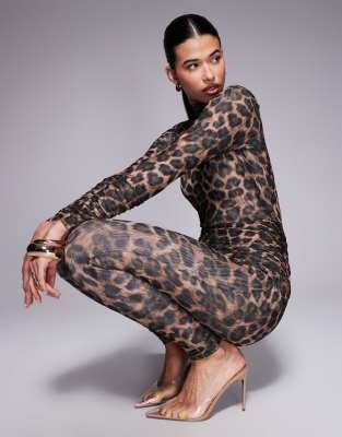 Ruched & Ready Sculpting Mesh High Neck Long Sleeve Catsuit In Multi