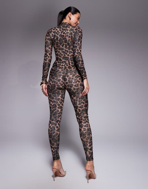Ruched & Ready sculpting mesh high neck long sleeve catsuit in leopard print, 3 of 4