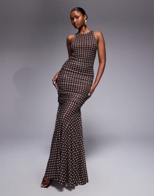 Ruched & Ready Sculpting Mesh High Neck Sleeveless Draped Fishtail Hem Maxi Dress In Brown