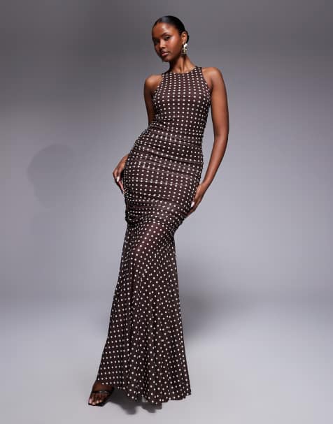 Ruched & Ready sculpting mesh high neck sleeveless draped fishtail hem maxi dress in chocolate polka dots - view 1