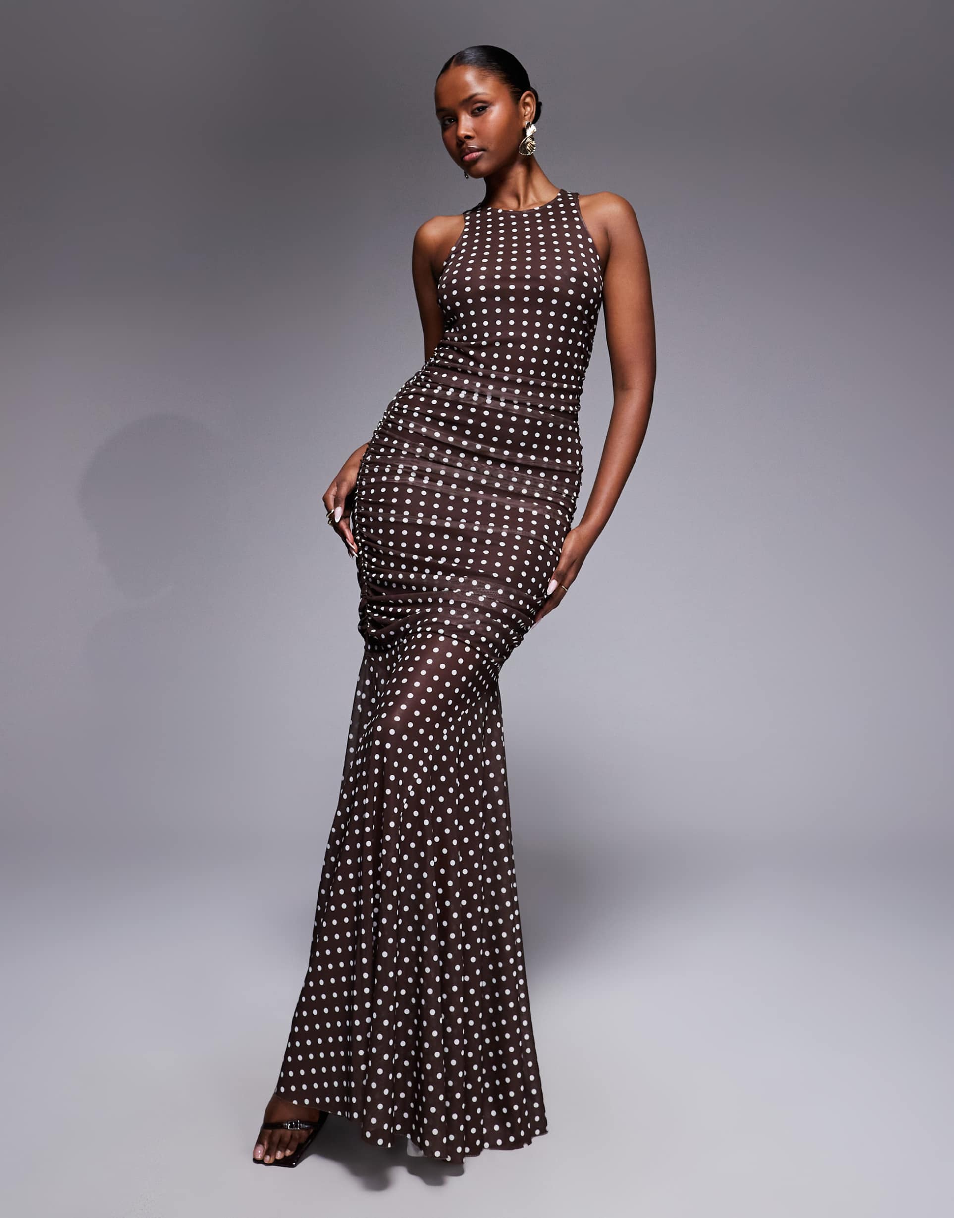ruched & ready sculpting mesh high neck sleeveless draped fishtail hem maxi dress in chocolate polka dots