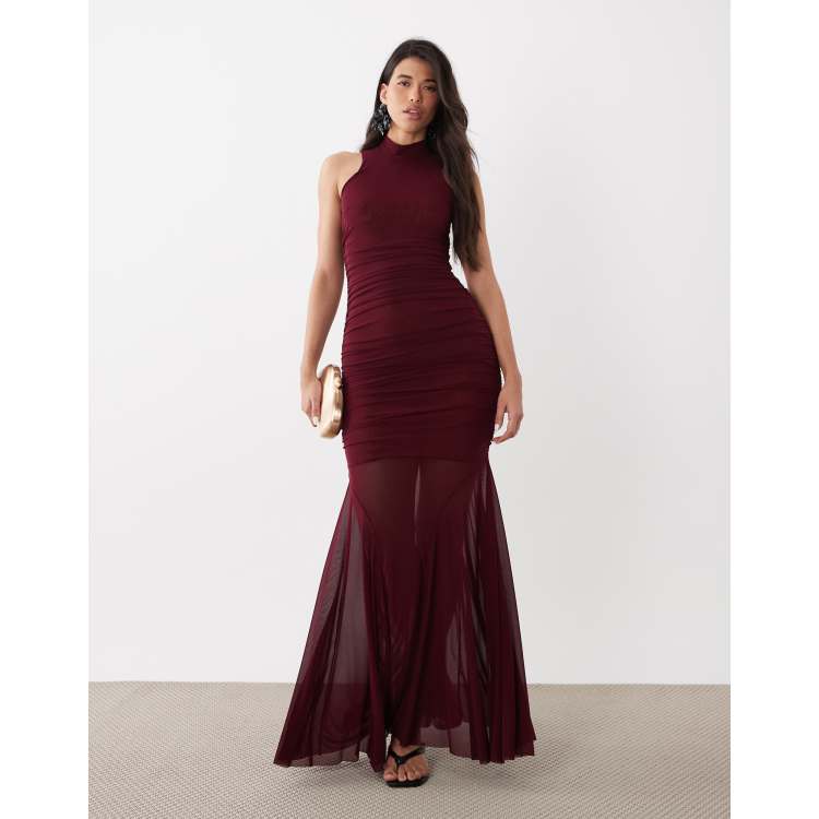 Ruched & Ready sculpting mesh high neck sleeveless fishtail sheer hem maxi  dress in burgundy | ASOS