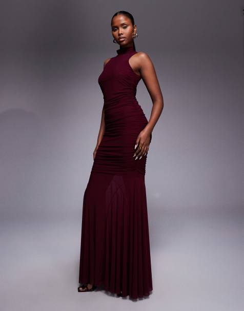Ruched & Ready sculpting mesh high neck sleeveless ruched detail fishtail sheer hem maxi dress in burgundy - view 1
