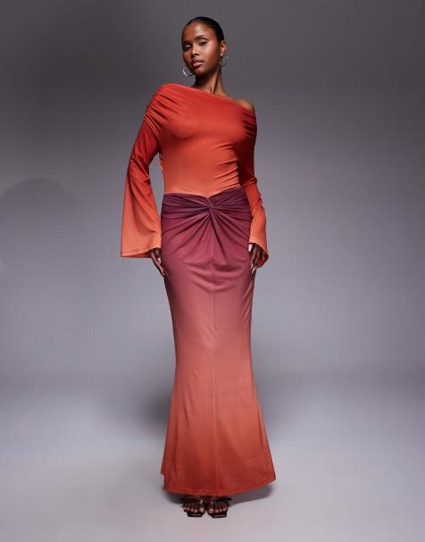 Ruched & Ready sculpting mesh off shoulder wide sleeve twist skirt detail maxi dress in plum ombre
