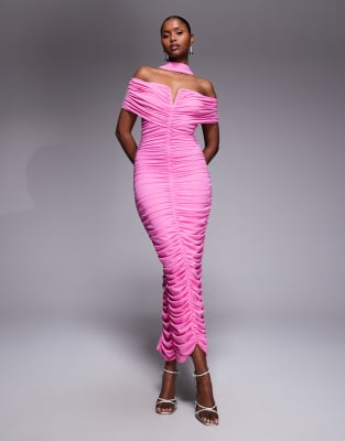 Ruched & Ready Sculpting Mesh Off The Shoulder V-front Bodycon Maxi Dress In Pink